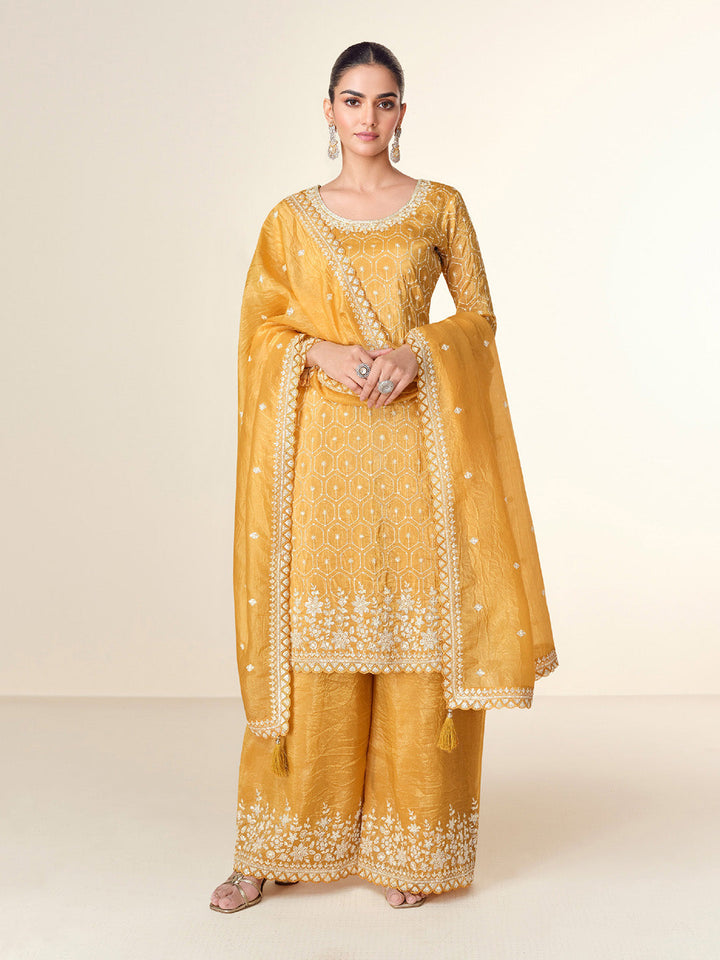 Embroidered Tissue Crush Kurta With Plazzo &amp; Dupatta