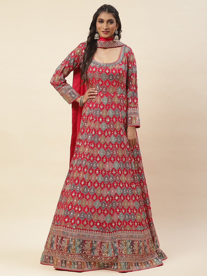 Resham Sequence Embroidered Georgette Anarkali Kurta With Churidar &amp; Dupatta