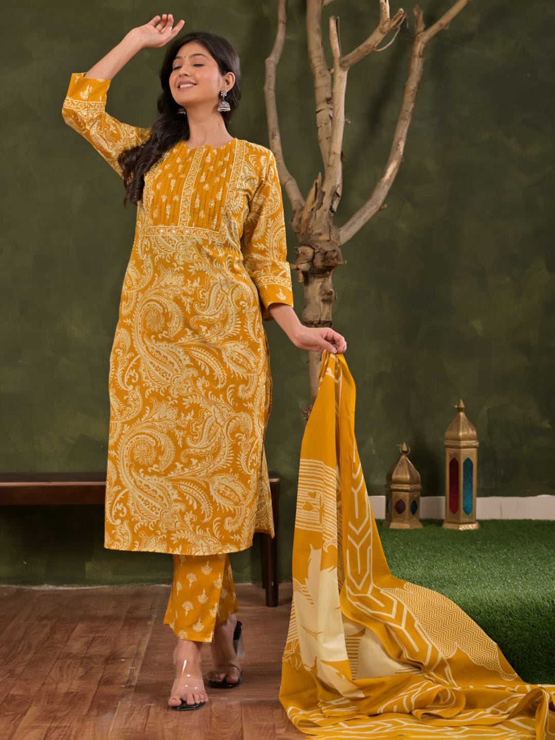 Embroidered Cotton Blend Kurta With Pant &amp; Dupatta