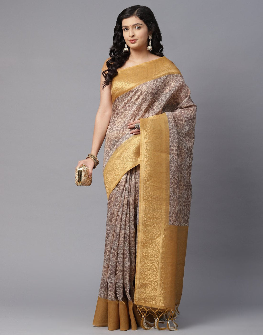 Floral Print With Contrast Border Cotton Chanderi Saree