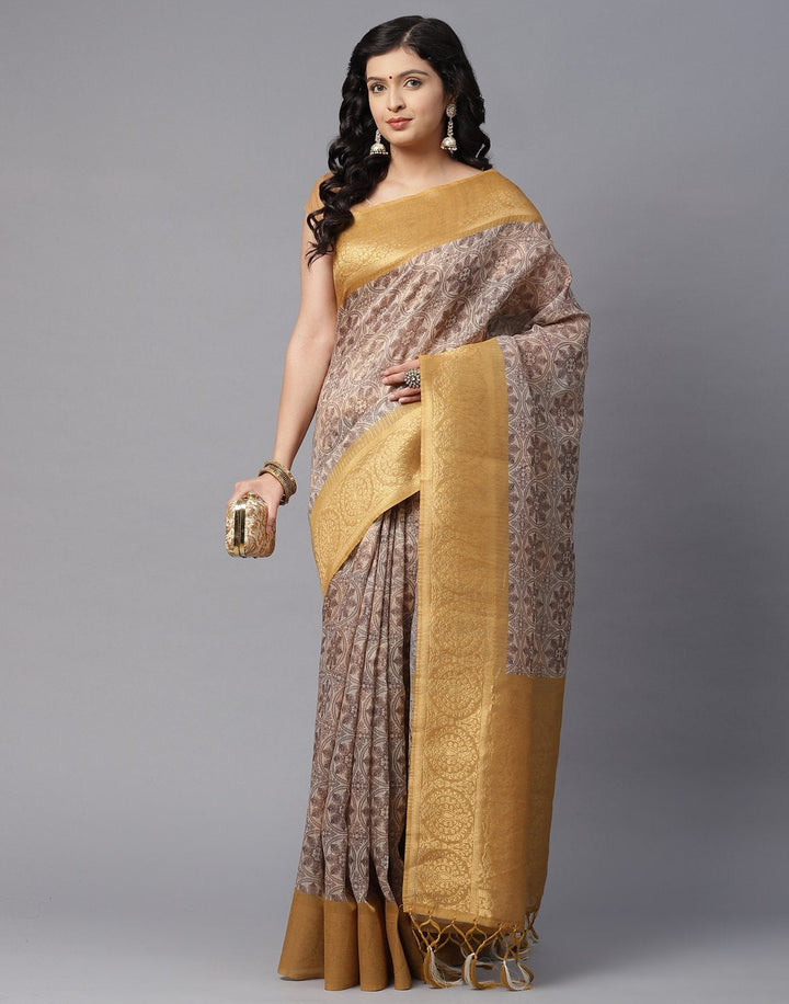 Floral Print With Contrast Border Cotton Chanderi Saree