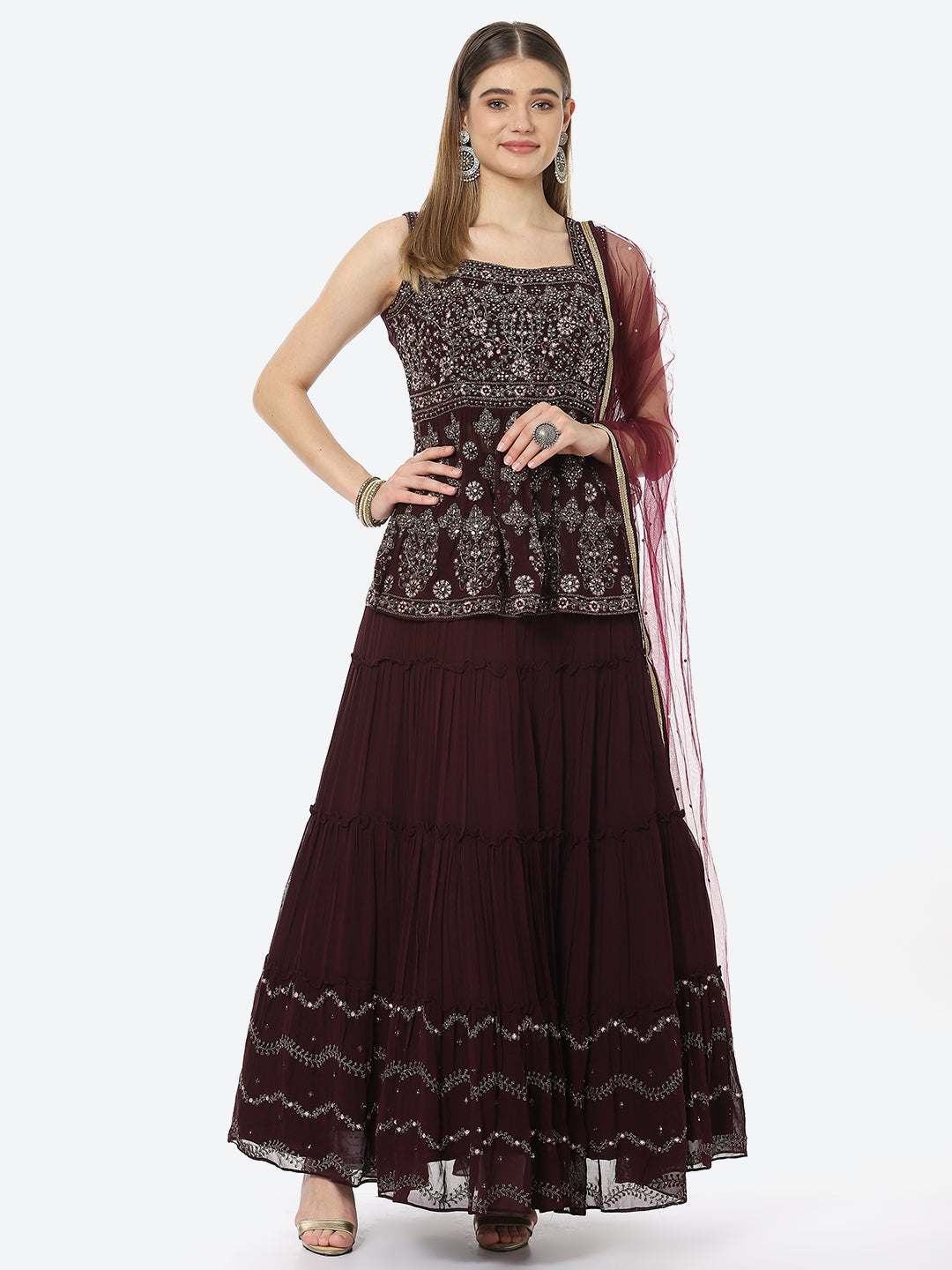 Resham Embroidered Georgette Choli With Lehenga &amp; Net Dupatta