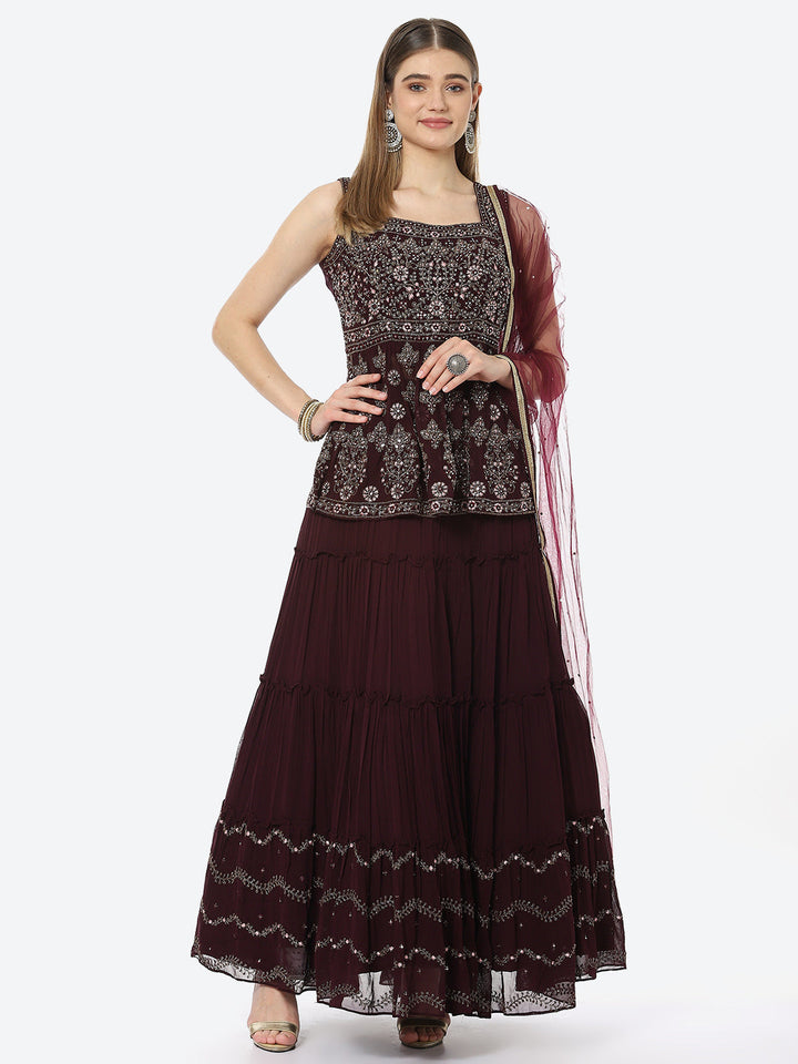 Resham Embroidered Georgette Choli With Lehenga &amp; Net Dupatta