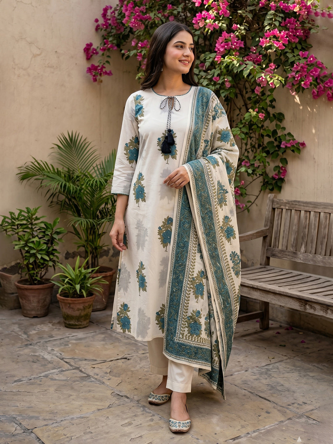 Teal Blue Embroidered Cotton Blend Straight V Neck Suit Set