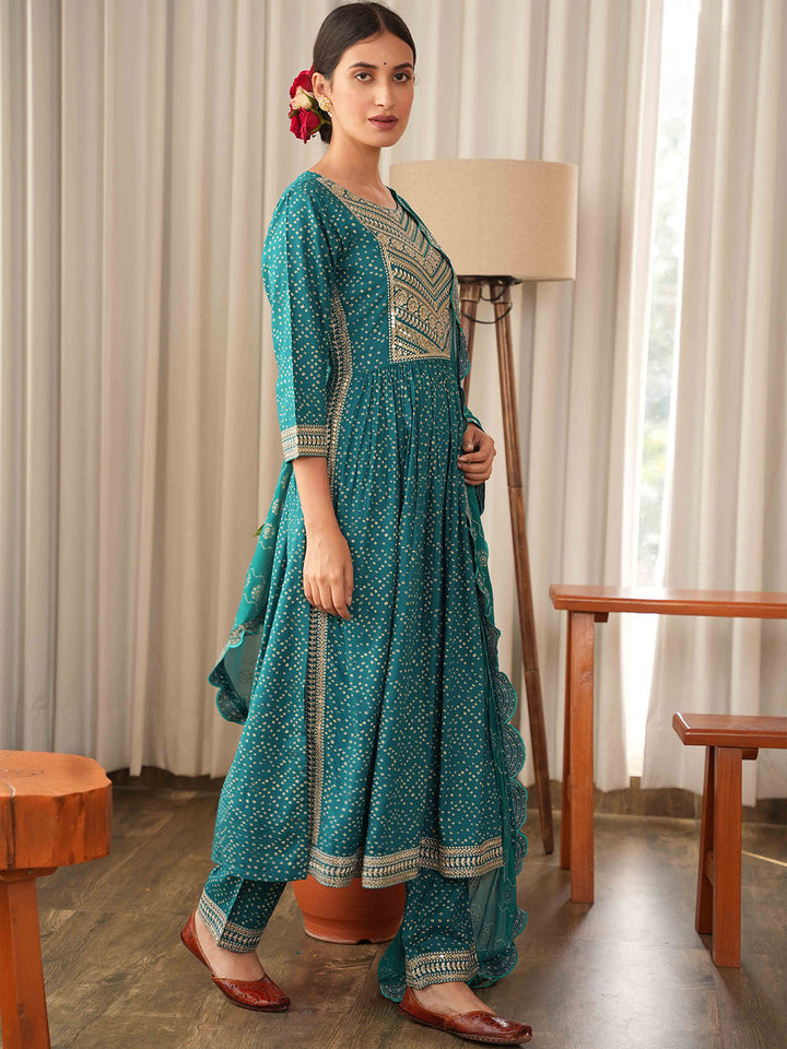 Bandhani Embroidered Rayon Kurta With Pants &amp; Dupatta