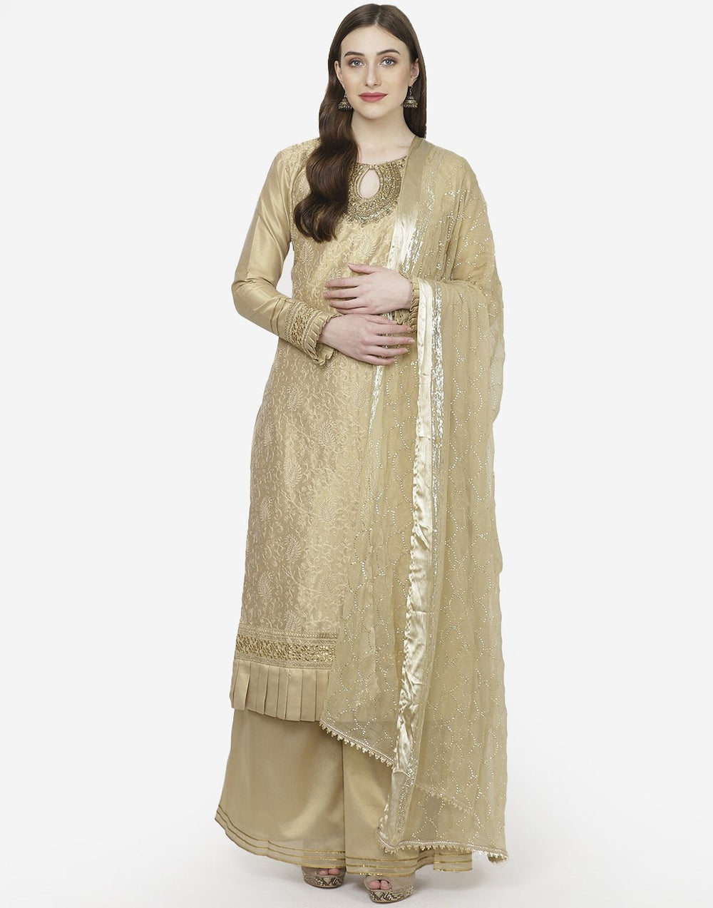 MBZ Meena Bazaar-Beautiful Peach Cotton Tissue Stitched Salwar Kameez