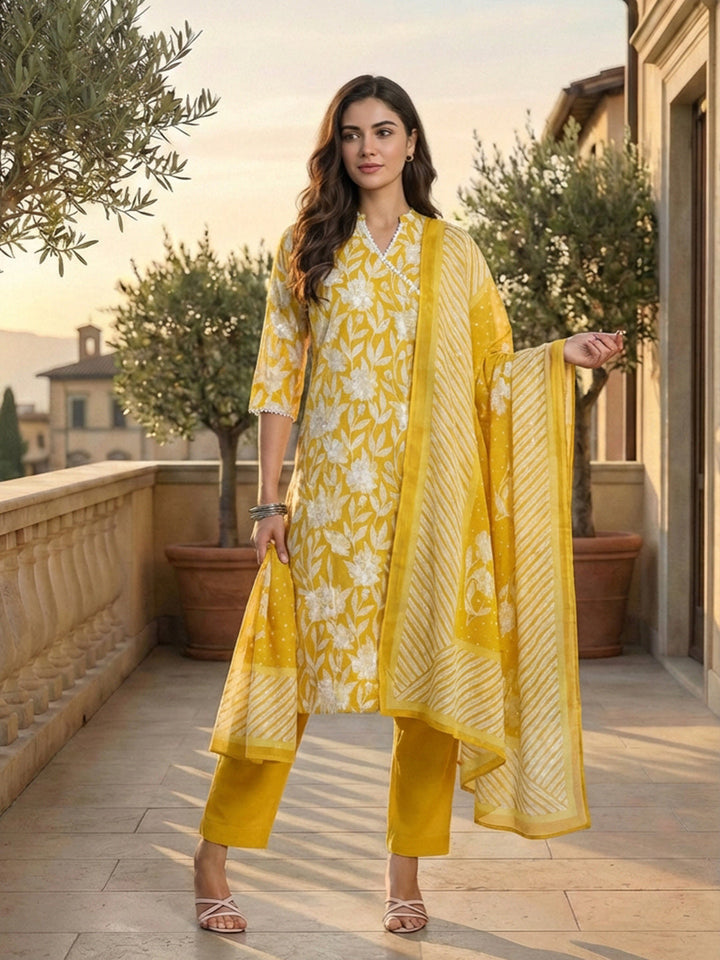 Printed Cotton Kurta With Pant &amp; Dupatta