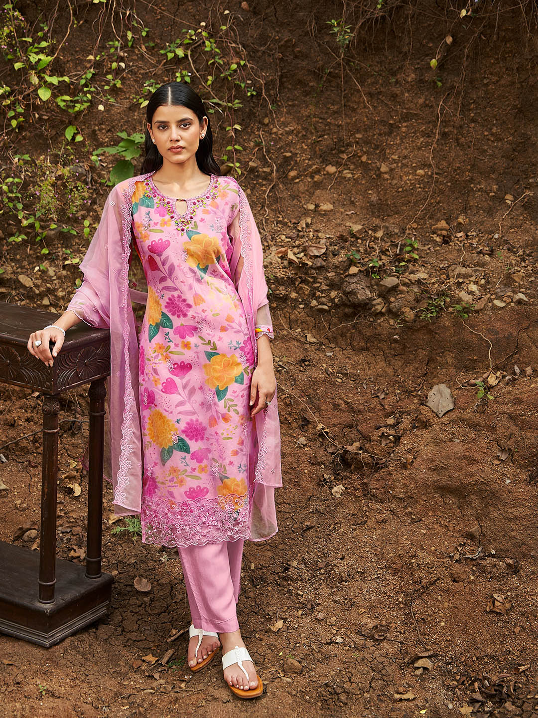 Printed Organza Kurta With Pant &amp; Dupatta
