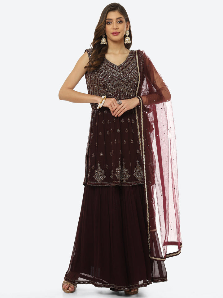 Embroidered Art Georgette Anarkali Kurti With Sharara And Net Dupatta