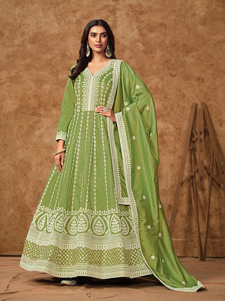 Embroidered Dola Silk Gown With Dupatta