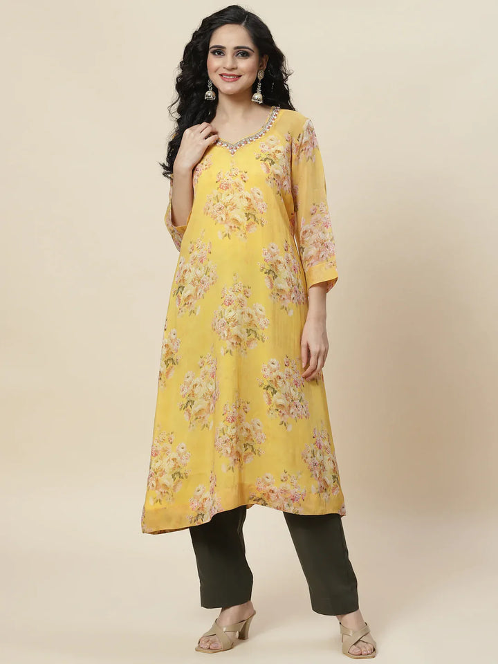 Floral Printed Organza Kurta With Palazzo &amp; Inner