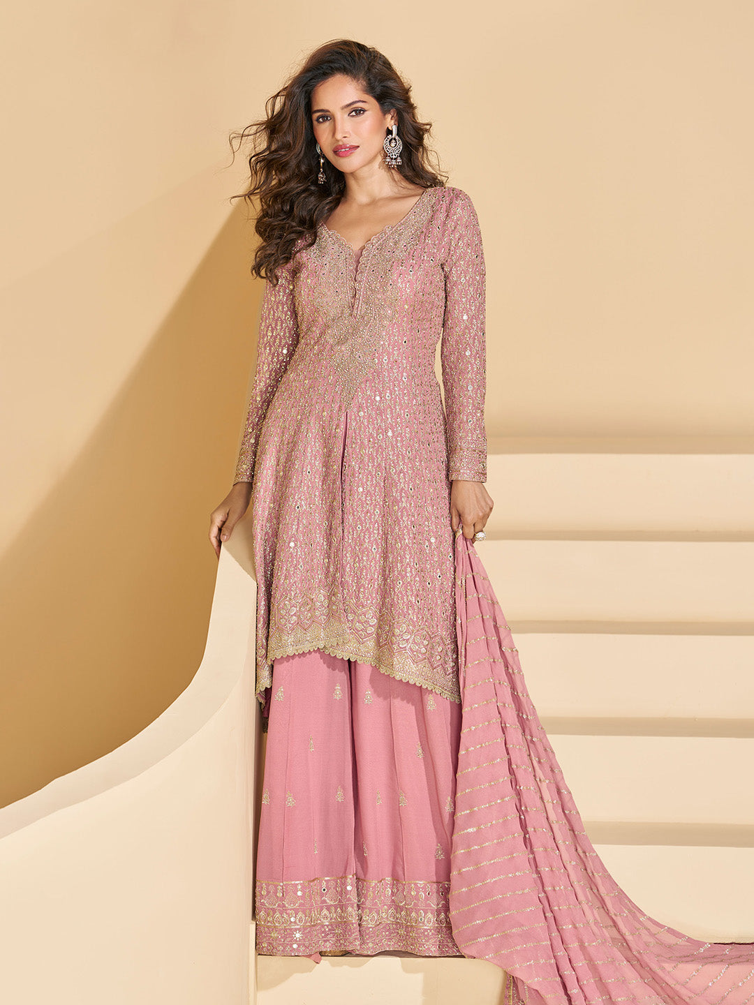 Embroidered Georgette Suit With Plazzo &amp; Dupatta