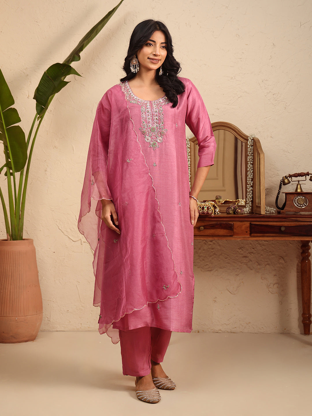 Embroidered Cotton Kurta With Pant &amp; Dupatta