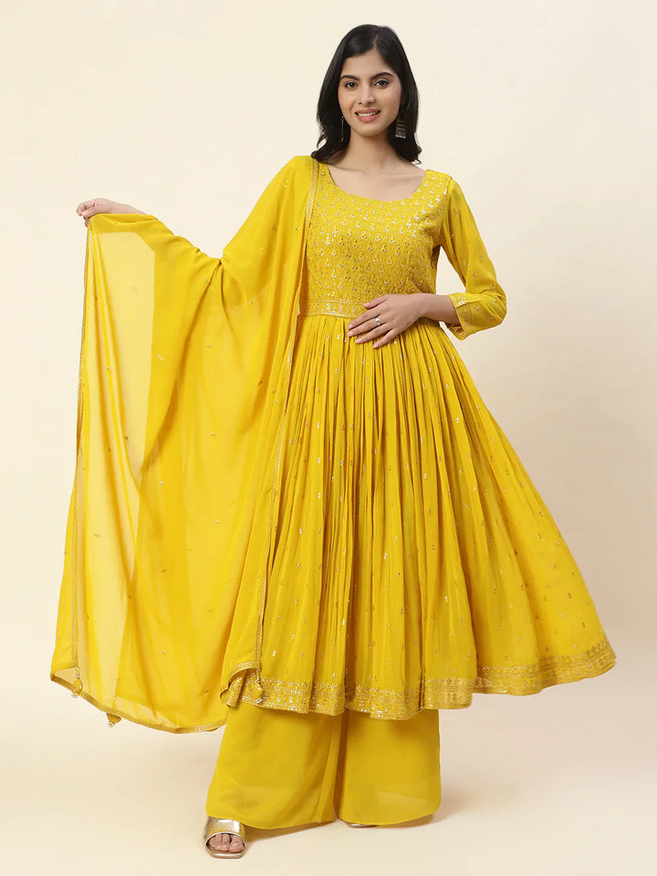 Resham Sequin Embroidered Georgette Kurta With Palazzo &amp; Dupatta