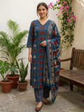 Blue Cotton Blend Embroidered Straight Suit Set