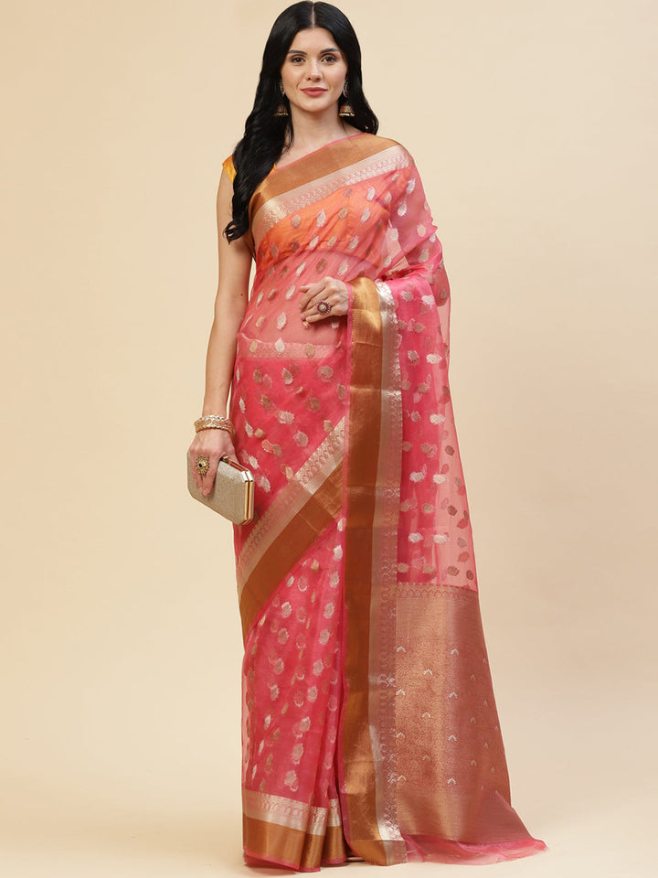 Antique Booti Organza Plain Saree
