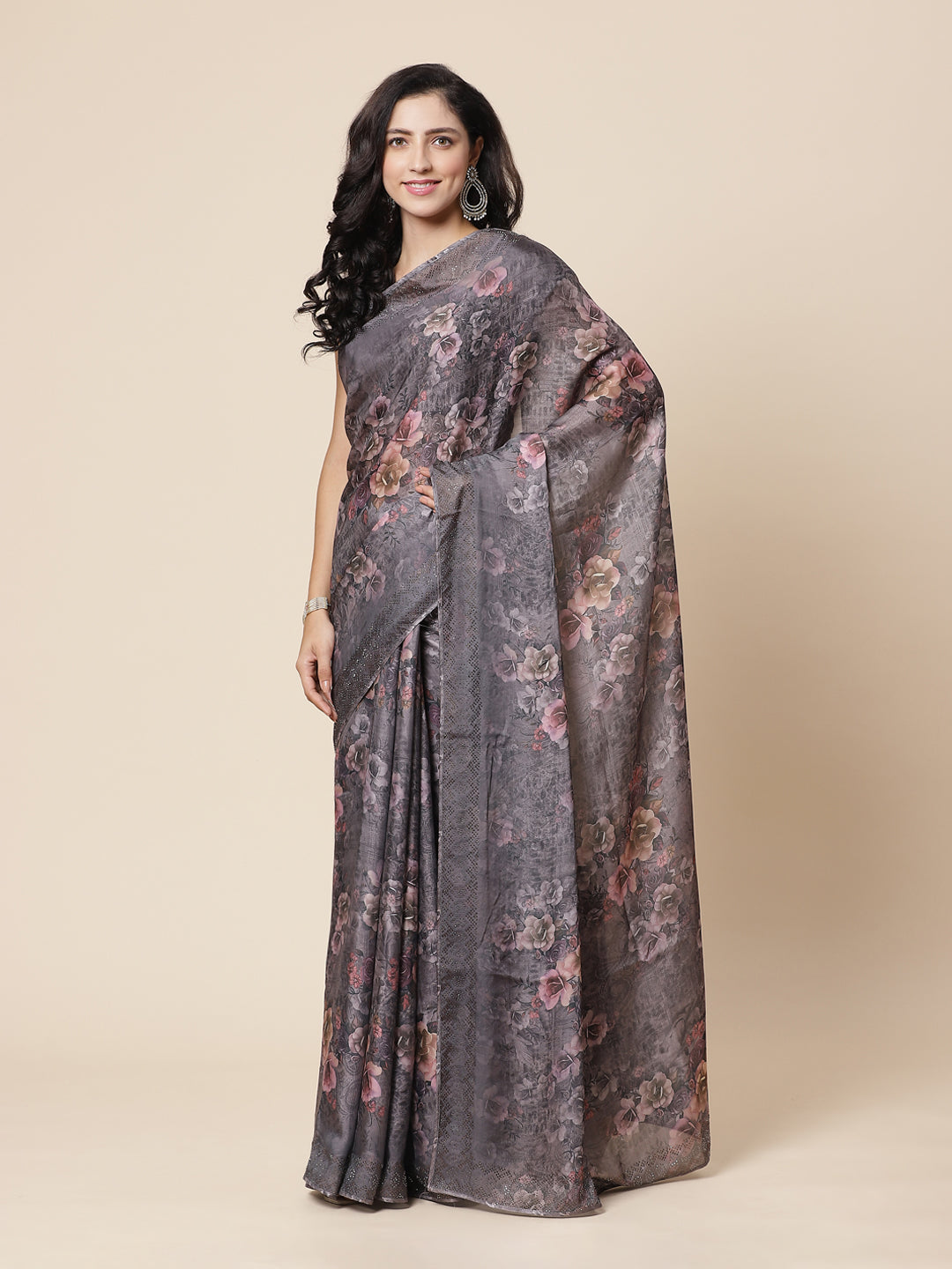 Digital Floral Printed Stone Work Satin Saree
