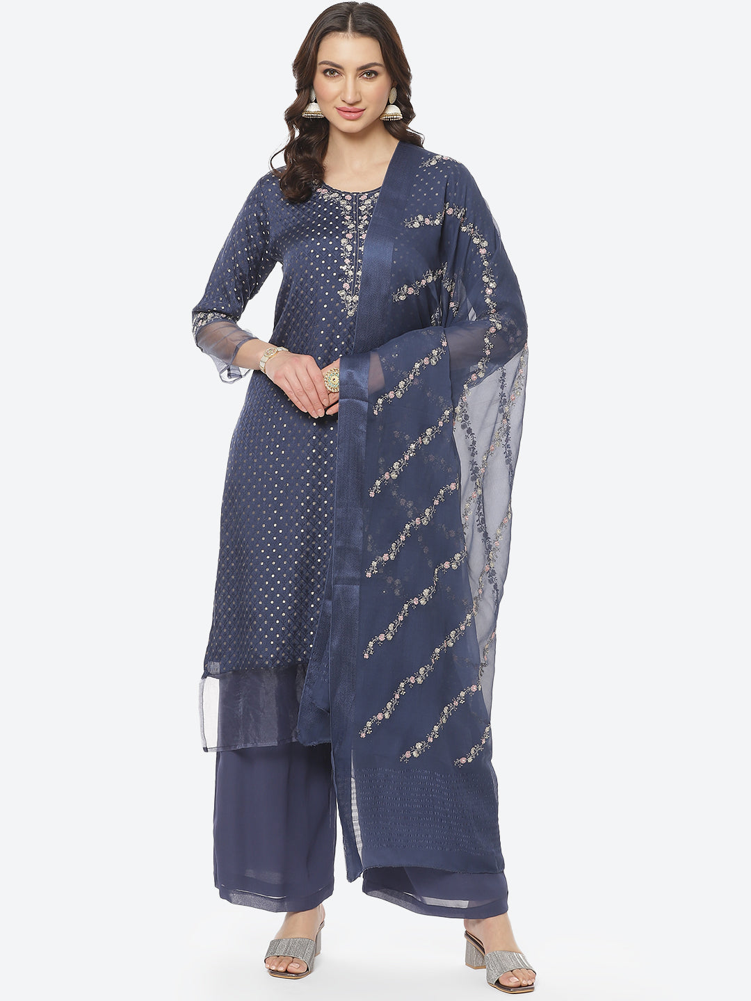 Resham Booti Neck Work Crepe Georgette Stitched Salwar Kameez With Embroidered Dupatta