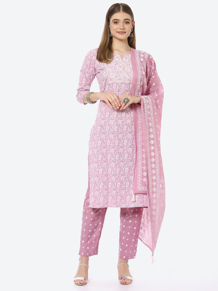 Resham Neck Booti Printed Cotton Kurta With Pant &amp; Cotton Dupatta