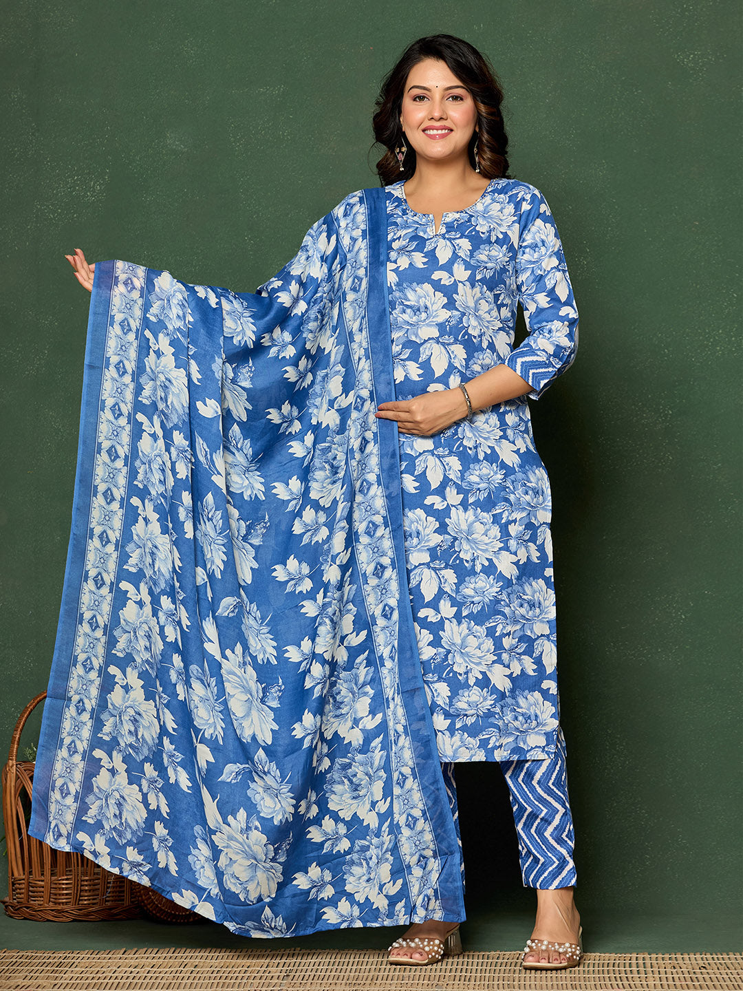 Printed Cotton Blend Kurta With Pants &amp; Dupatta