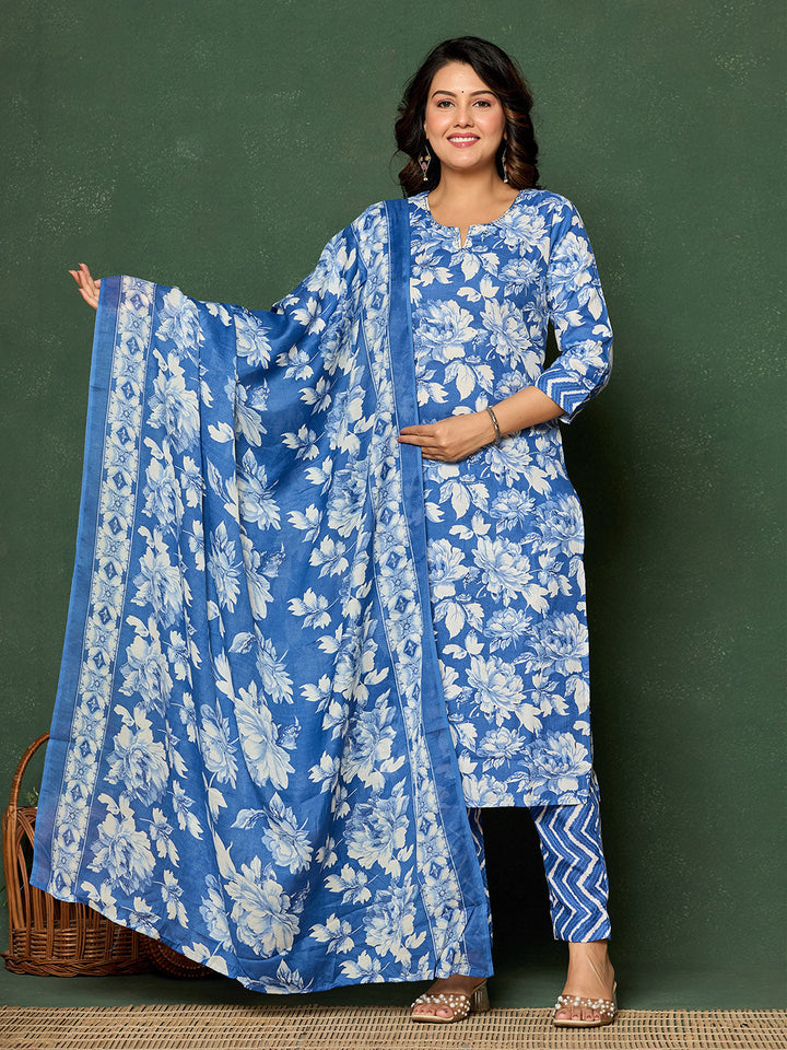 Printed Cotton Blend Kurta With Pants &amp; Dupatta