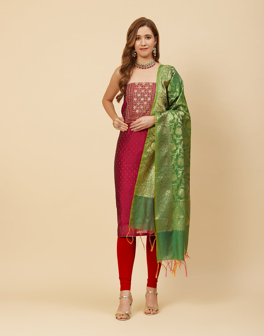 Embroidered Chanderi Suit Piece With Banarasi Dupatta