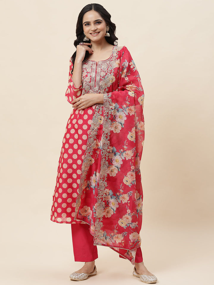 Polka Dot Printed Chanderi Kurta With Pants &amp; Dupatta