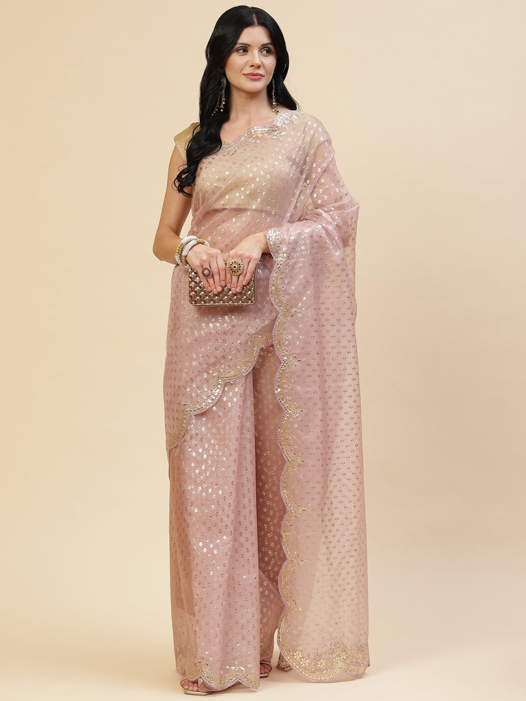 Mirror Work Embroidered Organza Saree
