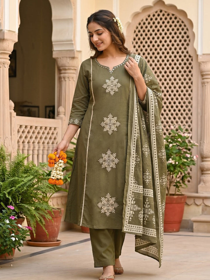 Neck Embroidered Cotton Blend Kurta With Pant &amp; Dupatta