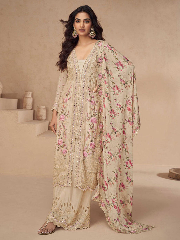 Embroidered Chinon Silk Kurta With Plazzo &amp; Dupatta