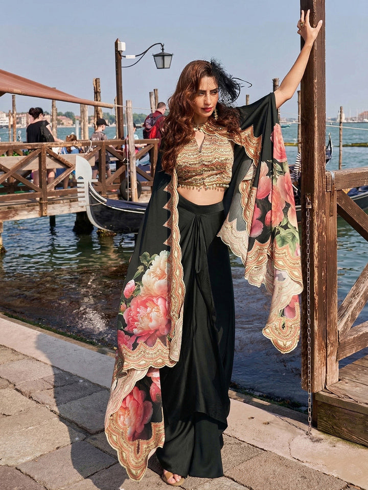 Embroidered Crepe Choli With Skirt &amp; Jacket