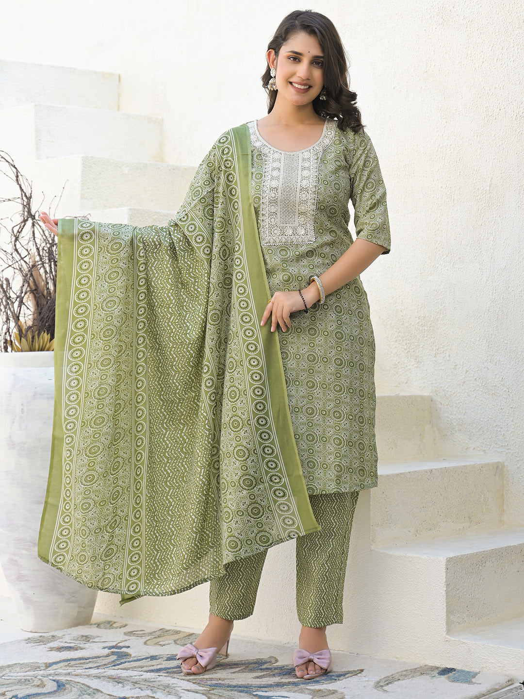 Floral Printed Cotton Kurta With Pants &amp; Dupatta