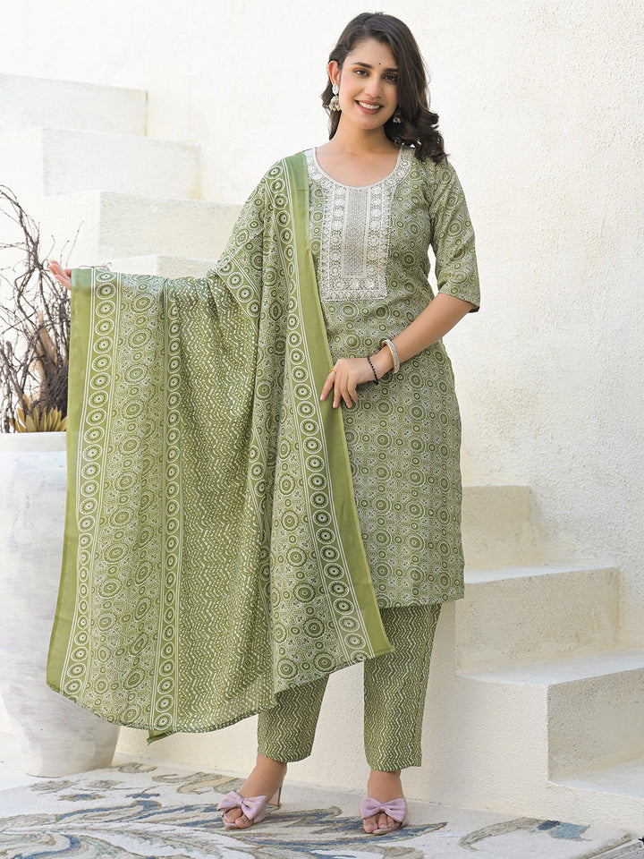 Floral Printed Cotton Kurta With Pants &amp; Dupatta