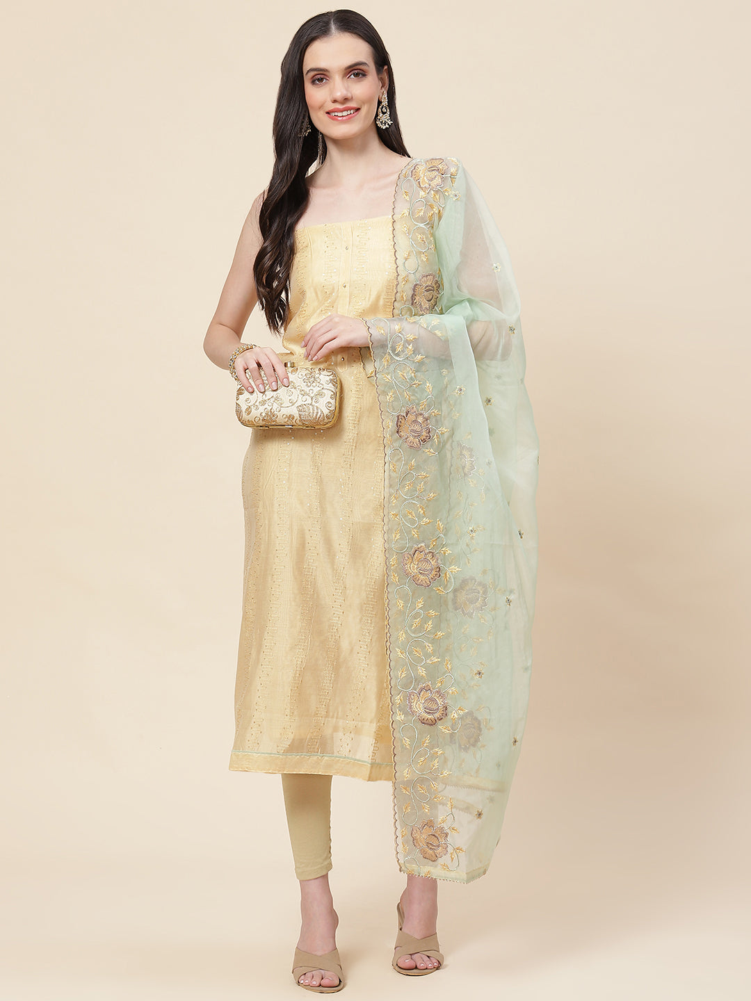 Embroidered Chanderi Unstitched Suit Piece With Dupatta