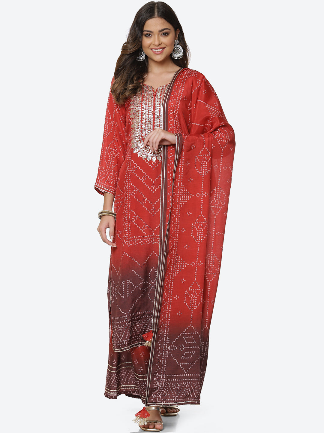 Printed Gota Neck Cotton Kurta With Palazzo &amp; Dupatta