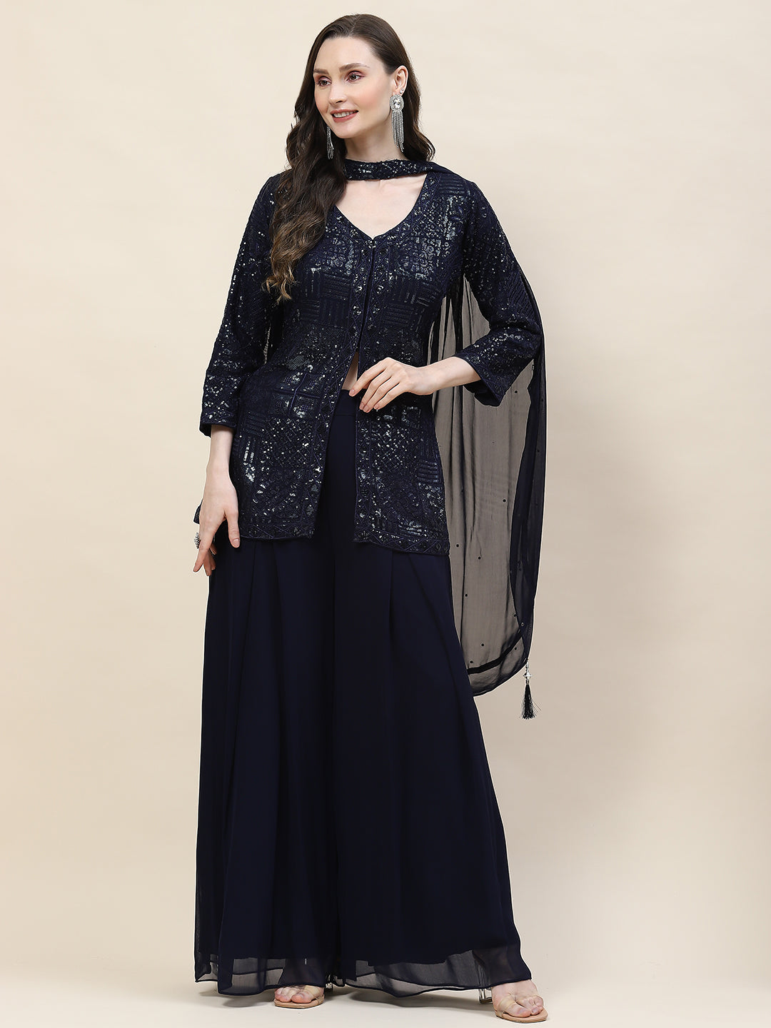 Sequin Embroidery Georgette Kurti With Palazzo &amp; Dupatta