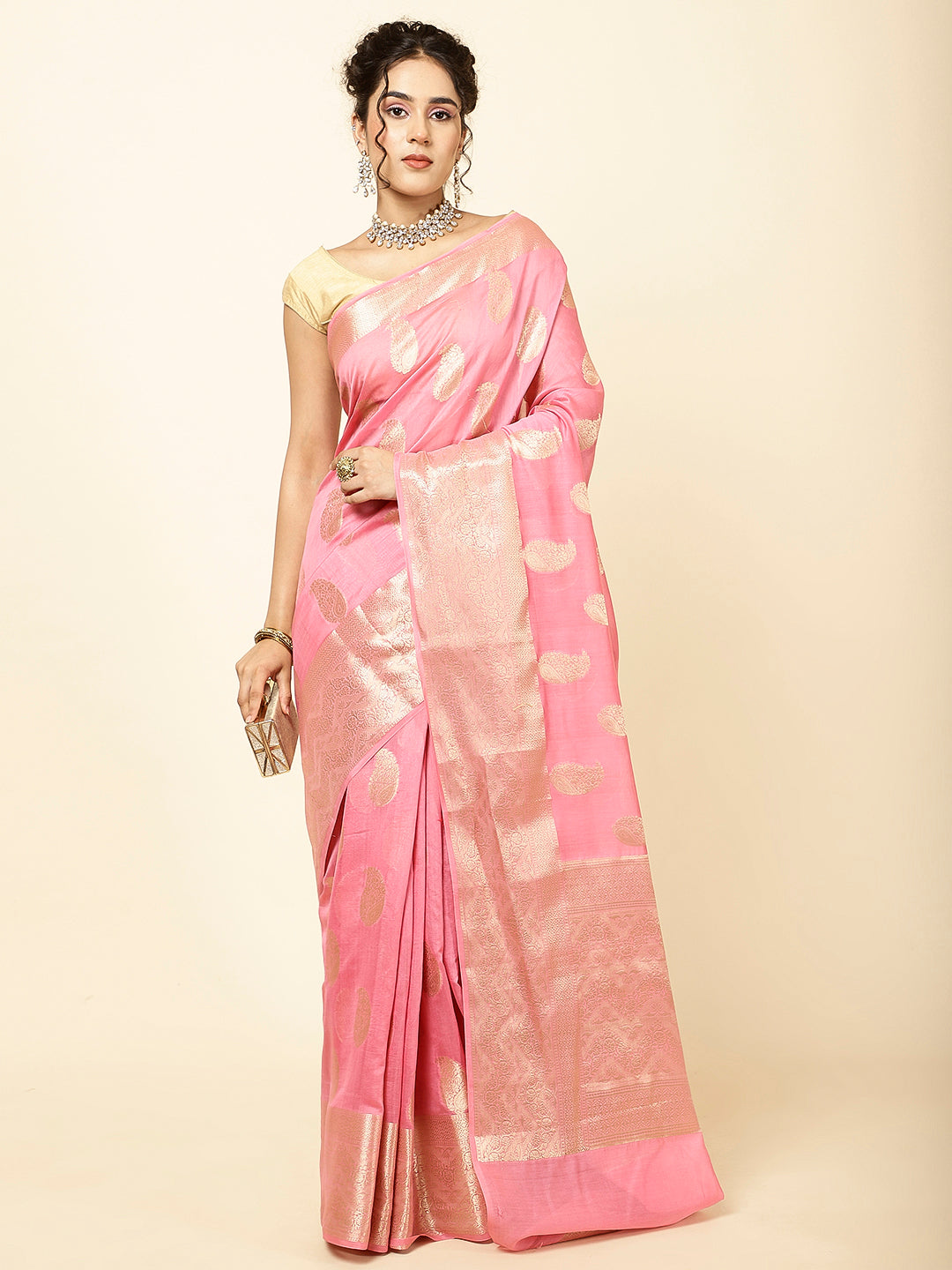 Zari Border Booti Woven Cotton Saree