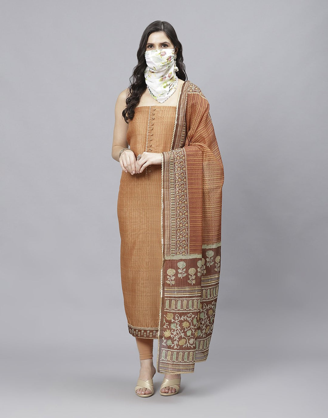 Printed Chanderi Suit Piece With Chanderi Dupatta And Scarf