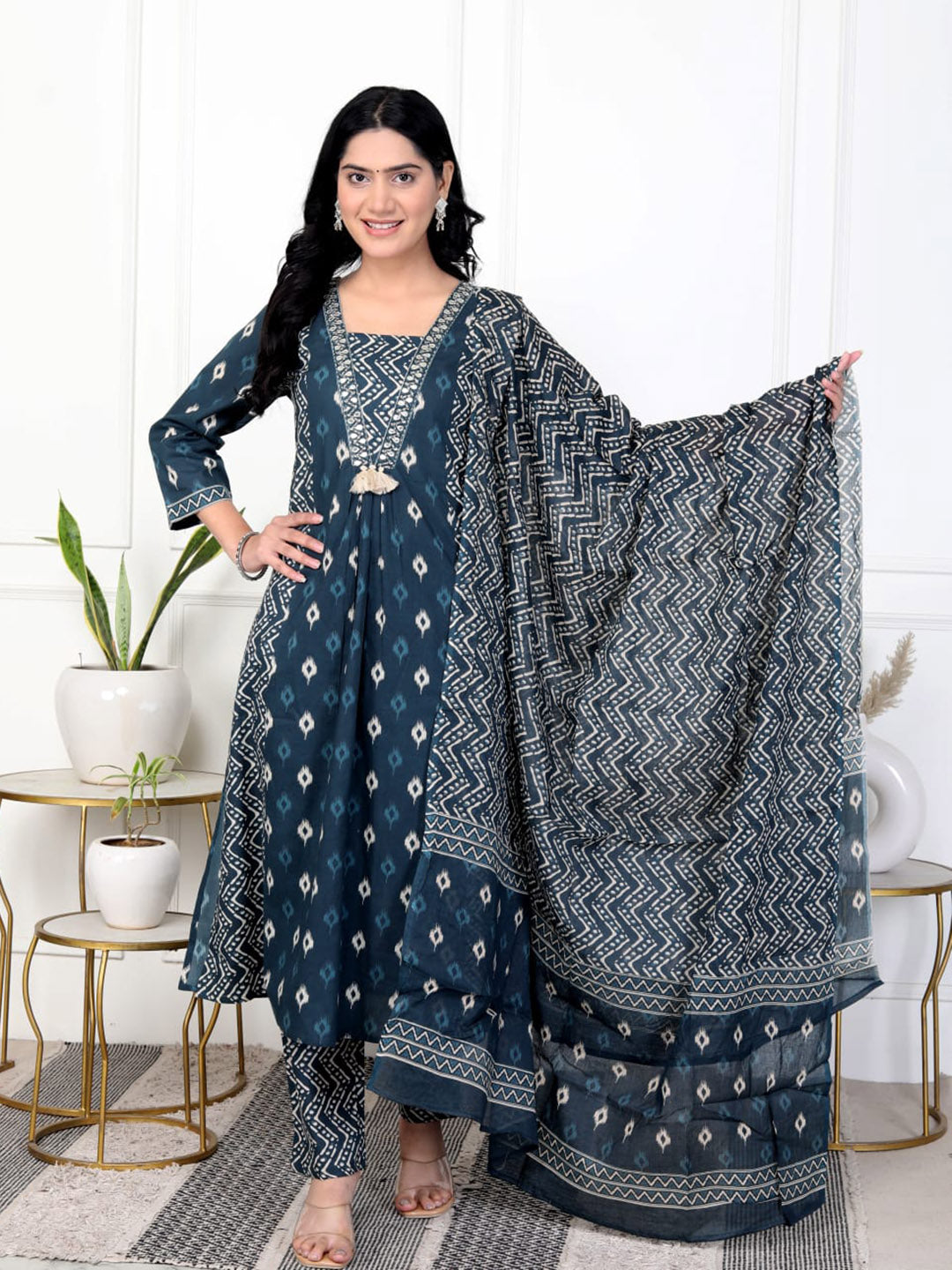 Printed Cotton Blend Kurta With Pants &amp; Dupatta