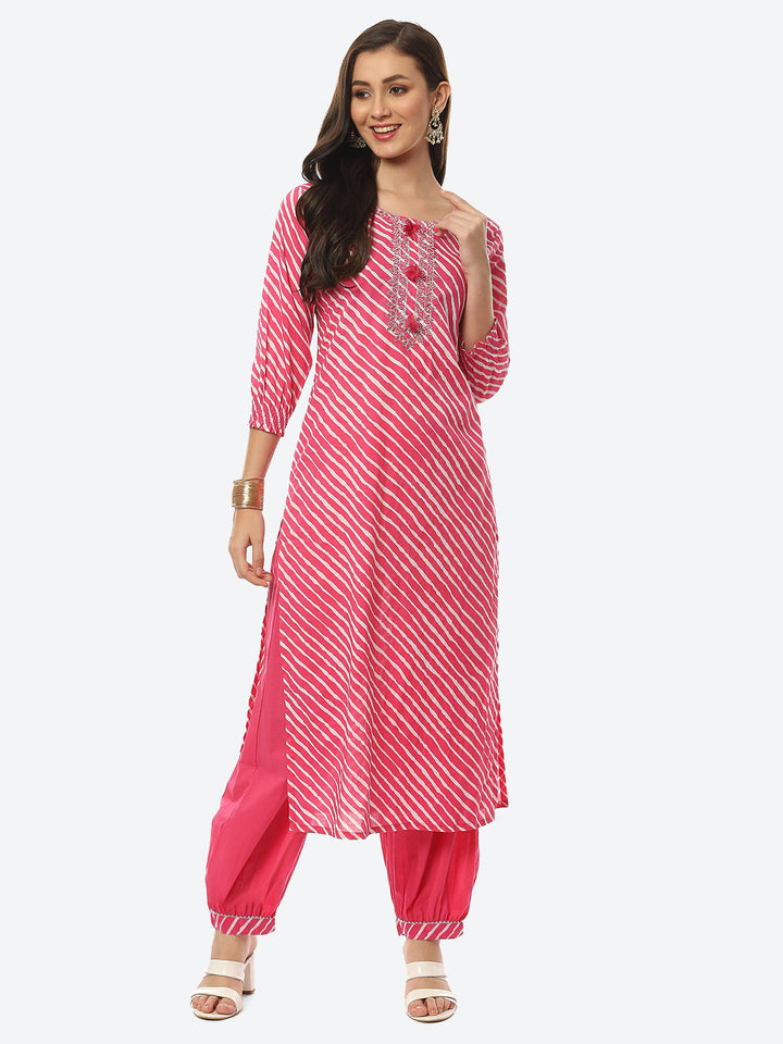 Printed Neck Embroidered Cotton Kurta With Pant