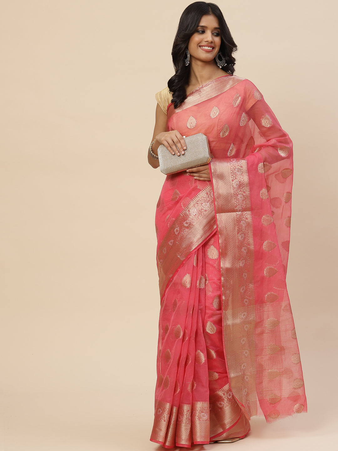 Zari Booti Organza Plain Saree
