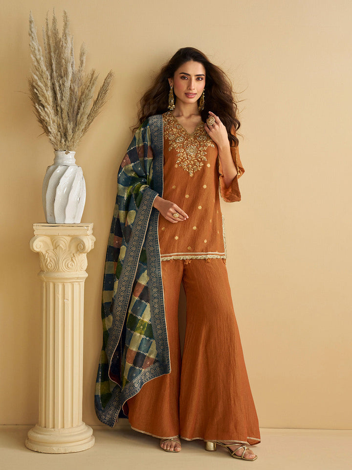 Embroidered Chinon Suit With Pant &amp; Dupatta