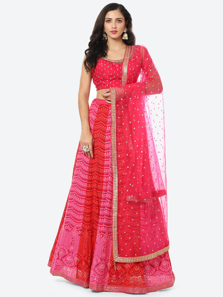 Embroidered Jaal Work Gerorgette Choli With Lehenga &amp; Net Dupatta