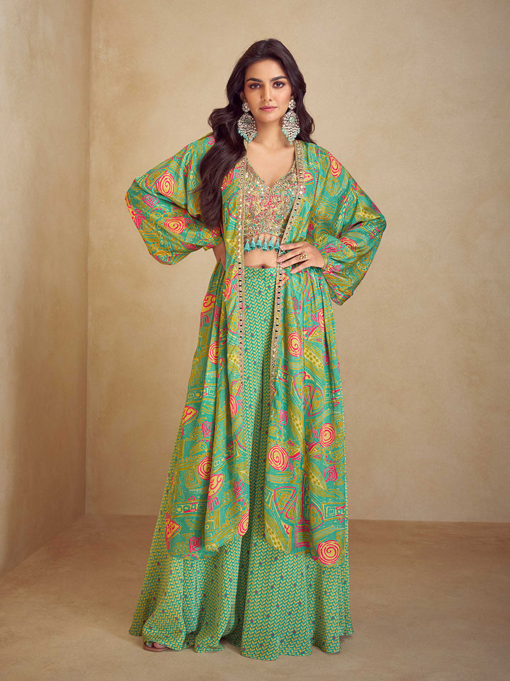 Embroidered Chinon Silk Choli &amp; Skirt With Jacket