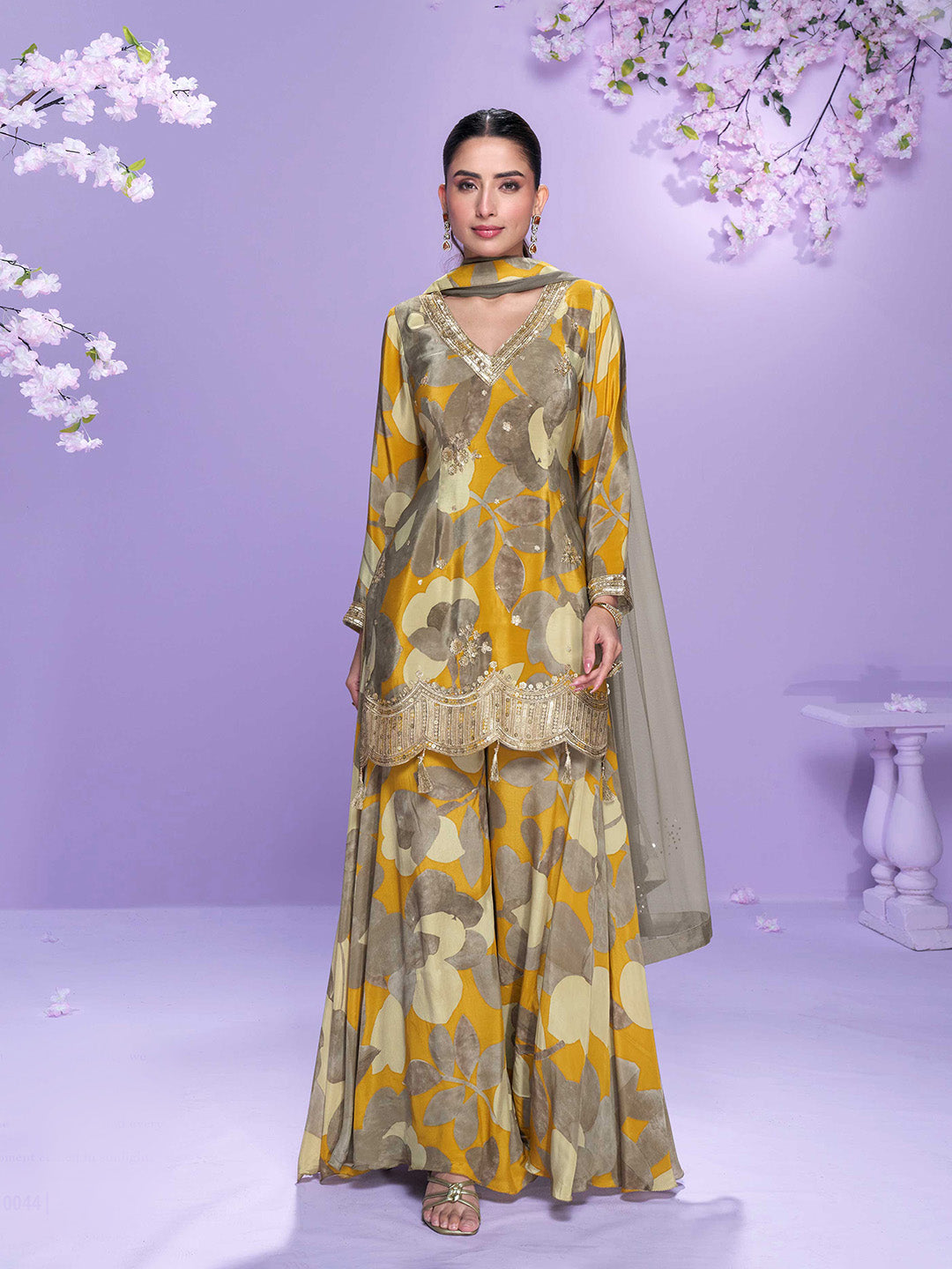 Embroidered Chinon Kurti With Plazzo &amp; Dupatta