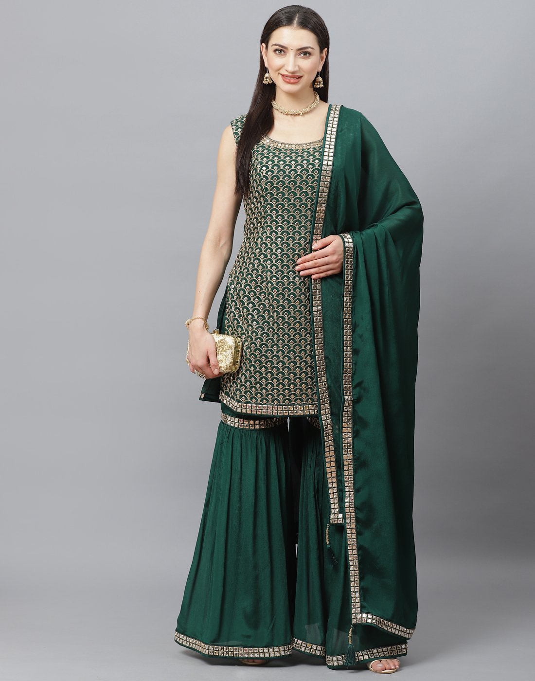 Elegant Red Art Crepe Stitched Gharara Set