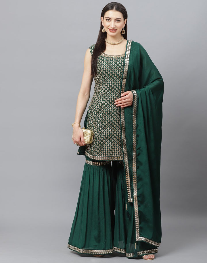 Elegant Red Art Crepe Stitched Gharara Set