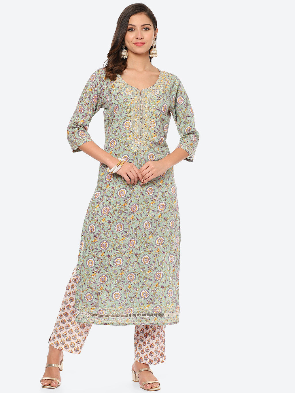 Resham Work Printed Cotton Kurta With Pant