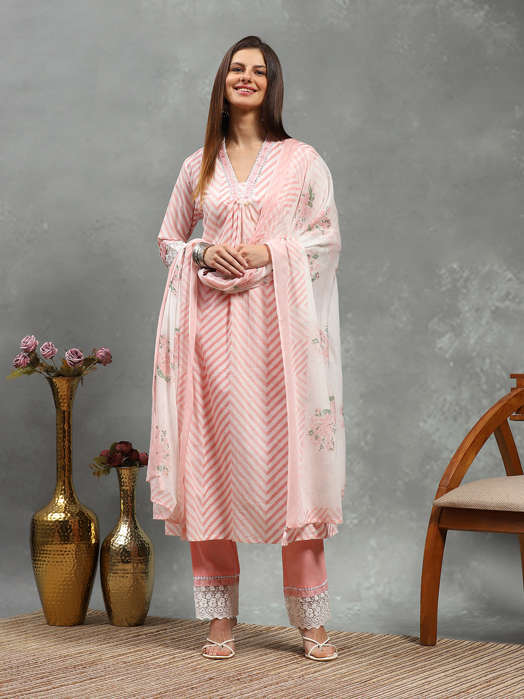 Printed Cotton Blend Kurta With Pants &amp; Dupatta