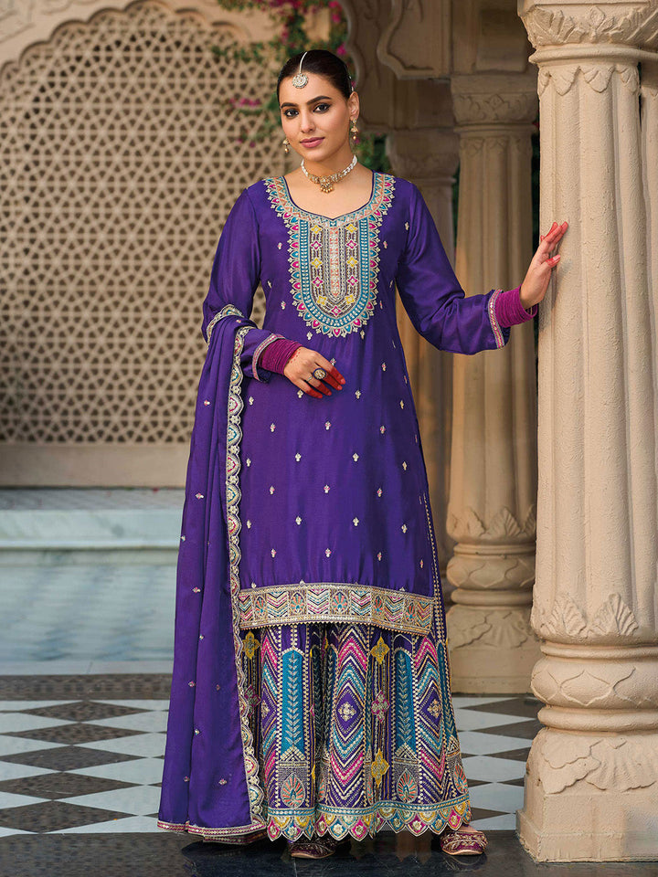 Embroidered Chinon Kurti With Plazzo &amp; Dupatta
